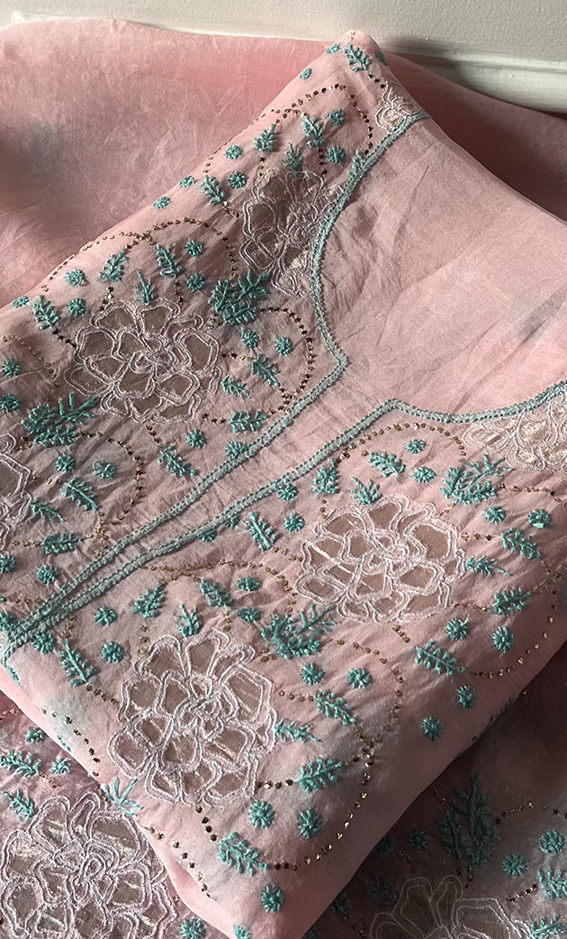 Mainaaj Women's Lakhnavi Handcrafted Pure Organza Chikankari Unstitched Kurta And Dupatta Set- HONC0330937