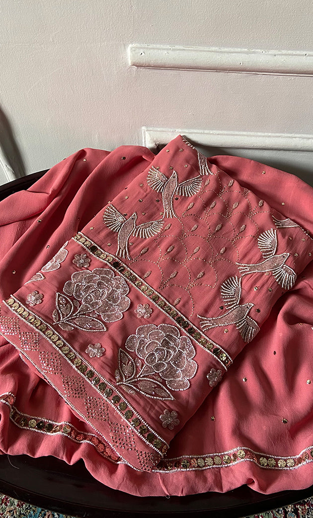 Chidiya Women's Lucknowi Handcrafted Viscose Georgette Unstitched Chikankari Suit Material - HONC0334990