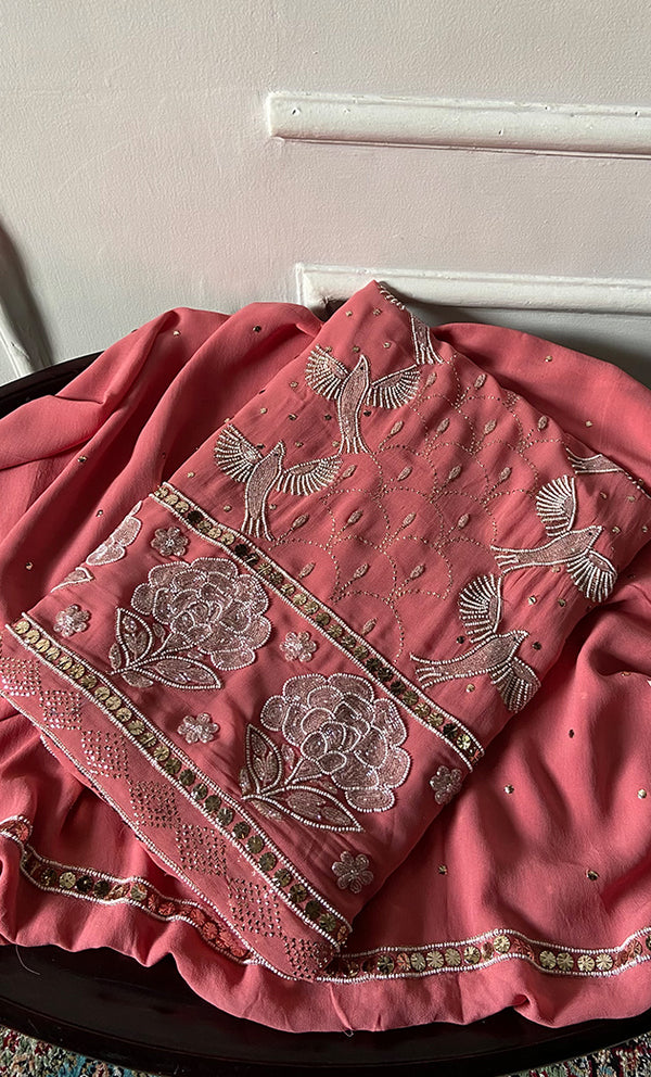 Chidiya Women's Lucknowi Handcrafted Viscose Georgette Unstitched Chikankari Suit Material - HONC0334990