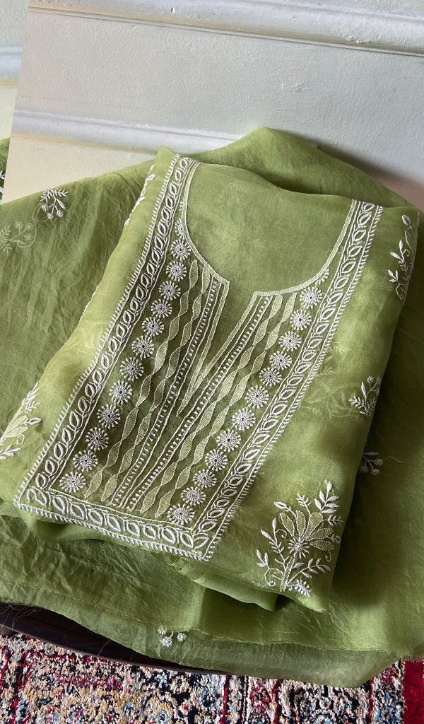 Women's Lakhnavi Handcrafted Pure Organza Chikankari Unstitched Kurta Dupatta Set- HONC0359089