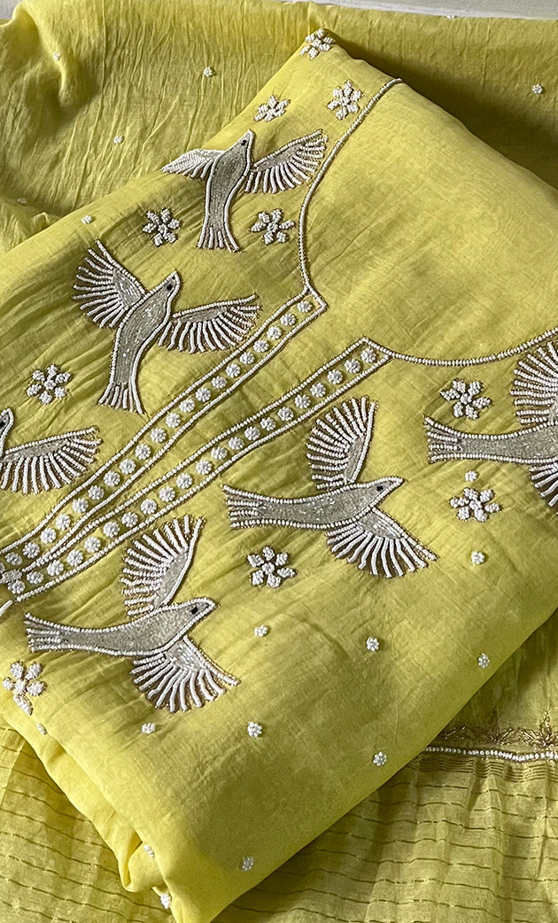 Chidiya Women's Lakhnavi Handcrafted Mul Chanderi Unstitched Chikankari Full Suit Material - HONC0330319