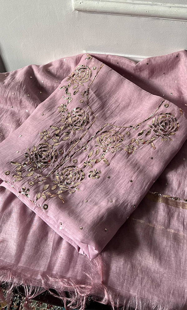 Women's Lakhnavi Handcrafted Mul Chanderi Unstitched Chikankari Full Suit Material - HONC0326067