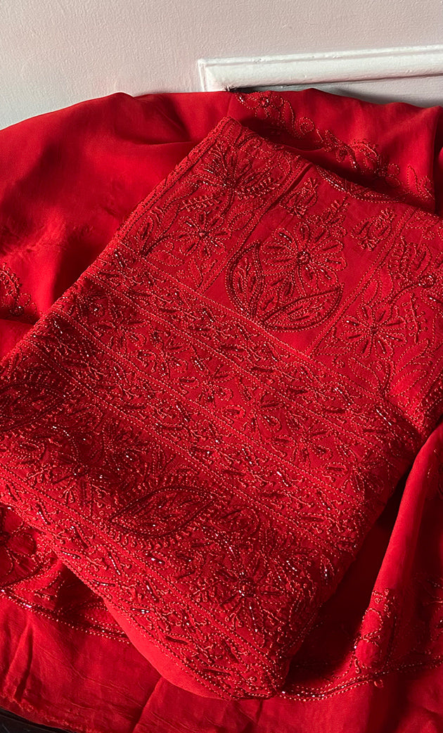 Women's Lakhnavi Handcrafted Viscose Georgette Unstitched Chikankari Full Suit Material - HONC0325145