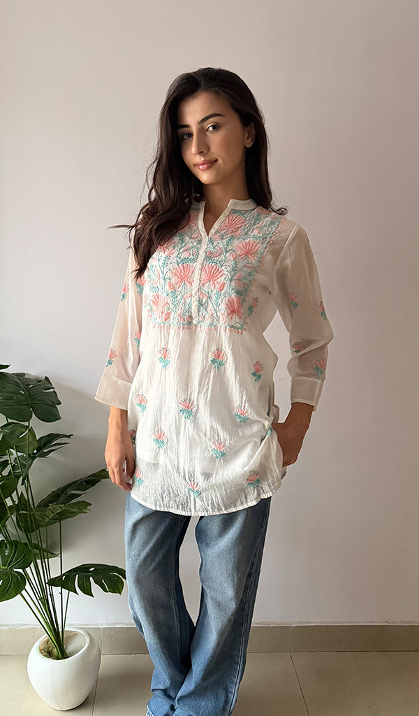 Sophia Women's Lakhnavi Handcrafted Mul Chanderi Chikankari Top - HONC0372701