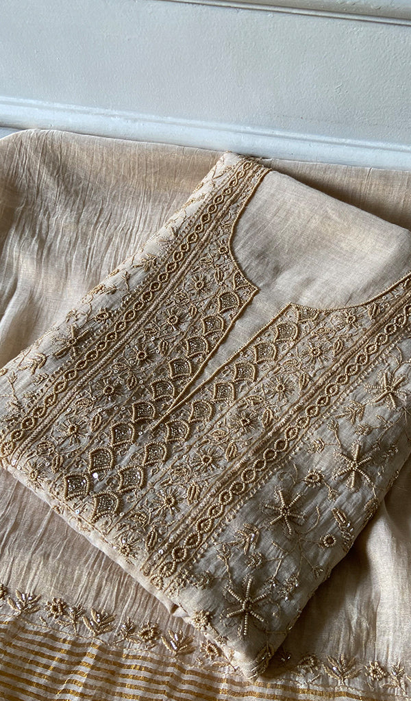 Women's Lakhnavi Handcrafted Tissue Chanderi Chikankari Unstitched Kurta Dupatta Set - HONC0352171