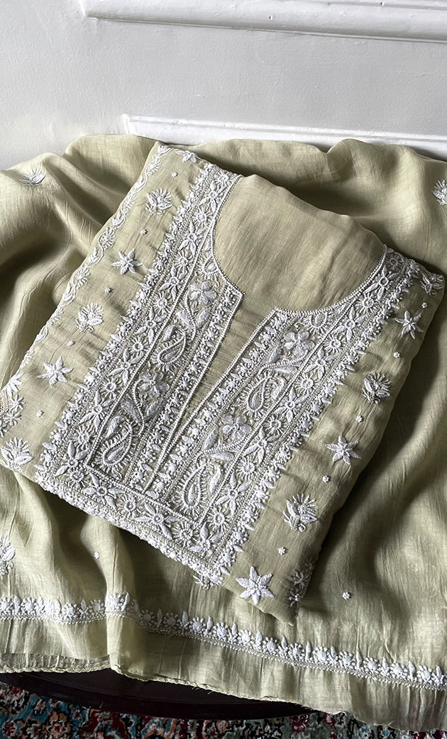 Women's Lakhnavi Handcrafted Unstitched Mul Chanderi Kurta And Dupatta Set - HONC0329036