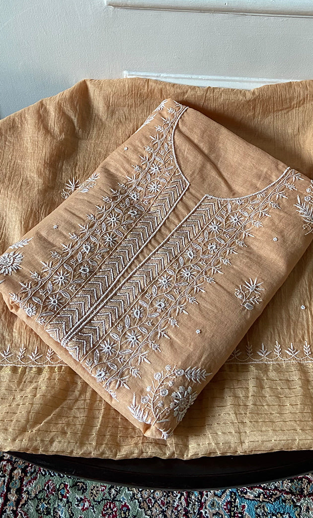 Women's Lakhnavi Handcrafted Mul Chanderi Unstitched Chikankari Full Suit Material - HONC0317046