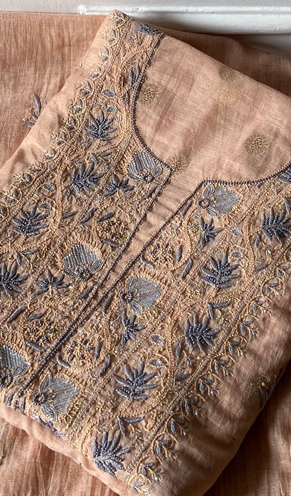 Women's Lakhnavi Handcrafted Mul Chanderi Unstitched Chikankari Full Suit - 3