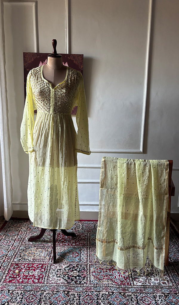 Women's Lakhnavi Handcrafted Mul Chanderi Semi - Stitchd Kurta And Dupatta Set - HONC0355821