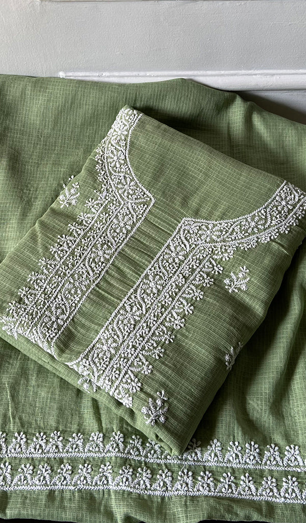 Women's Lucknowi Handcrafted Kota Cotton Chikankari Unstitched Kurta And Dupatta Set - HONC0340088