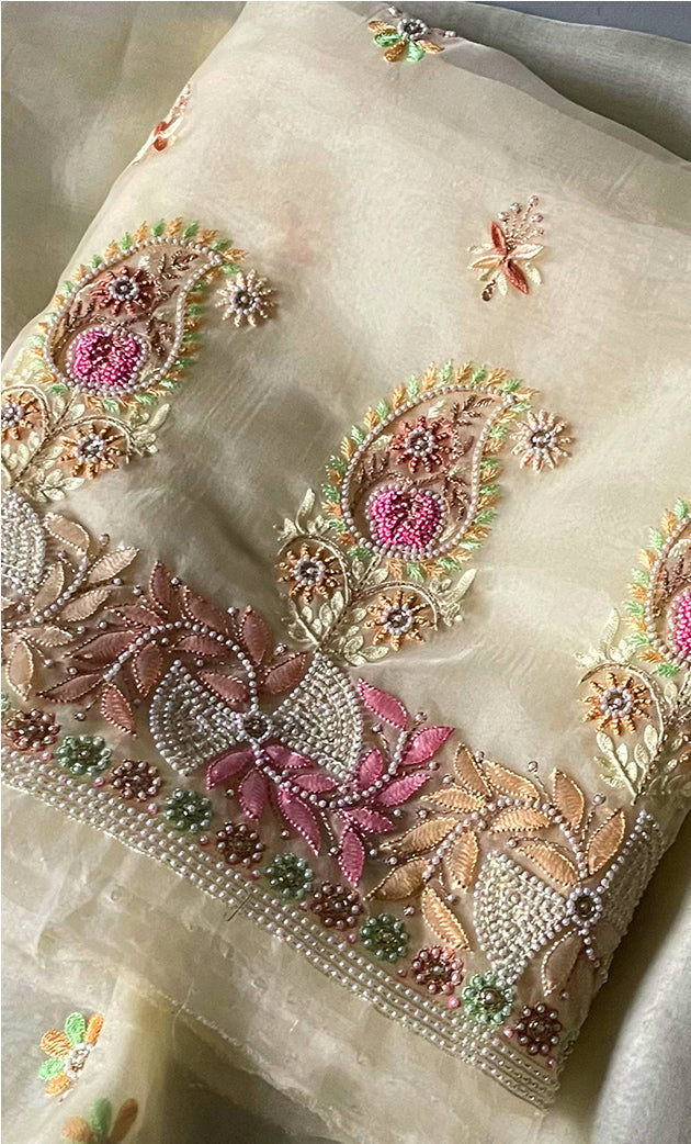 Women's Lakhnavi Handcrafted Pure Organza Chikankari Unstitched Kurta And Dupatta Set- HONC0267221