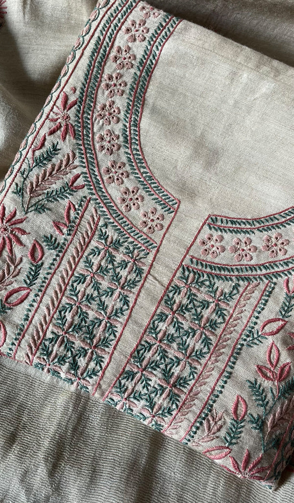 Women's Lakhnavi Handcrafted Munga Silk Chikankari Kurta And Dupatta Set - HONC0255938