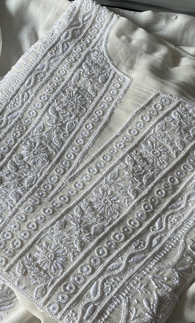 Women's Lakhnavi Handcrafted Pure Silk Georgette Chikankari Kurta And Dupatta Set- HONC0294502