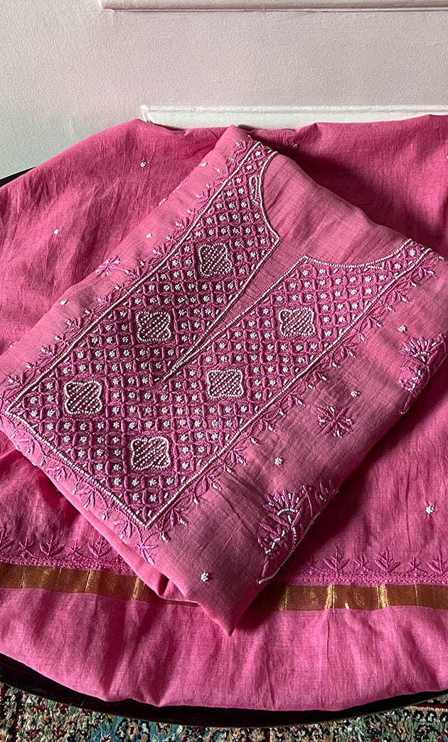 Women's Lakhnavi Handcrafted Unstitchd Mul Chanderi Kurta And Dupatta Set - HONC0310807