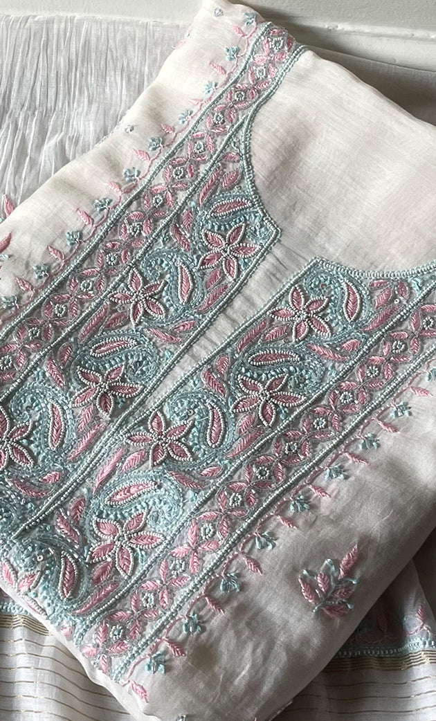 Women's Lakhnavi Handcrafted Unstitched Mul Chanderi Kurta And Dupatta Set - HONC0323591