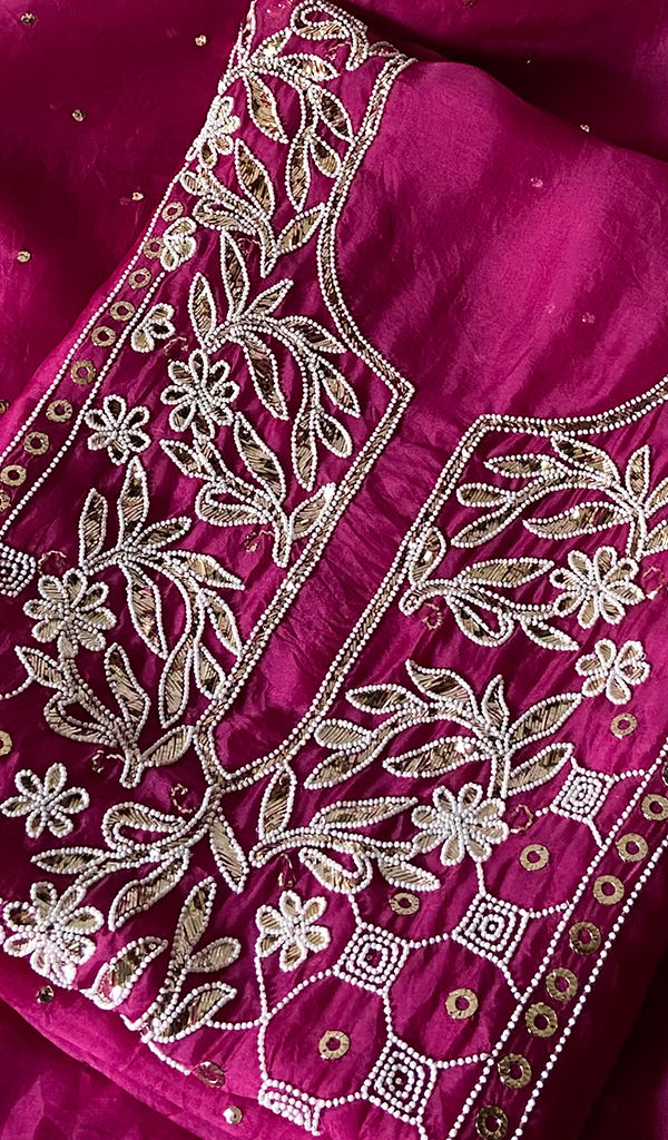 Women's Lakhnavi Handcrafted Pure Organza Chikankari Unstitched Kurta And Dupatta Set- HONC0327734
