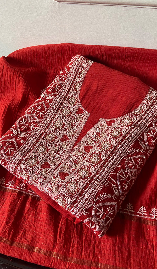 Women's Lakhnavi Handcrafted Maheshwari Mul Chanderi Unstitched Kurta And Dupatta Set - HONC0330509