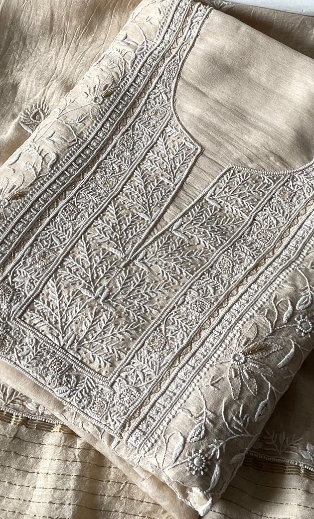 Women's Lakhnavi Handcrafted Munga Silk Chikankari Kurta And Dupatta Set- HONC0283182