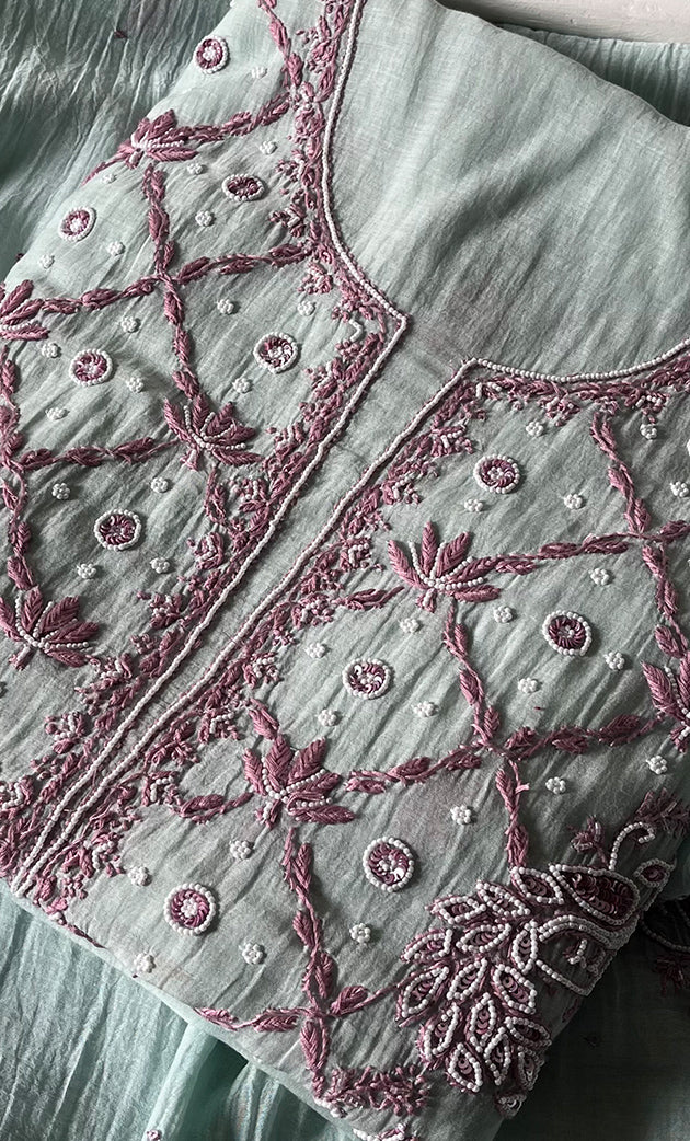 Women's Lakhnavi Handcrafted Mul Chanderi Unstitched Kurta And Dupatta Set - HONC0302268