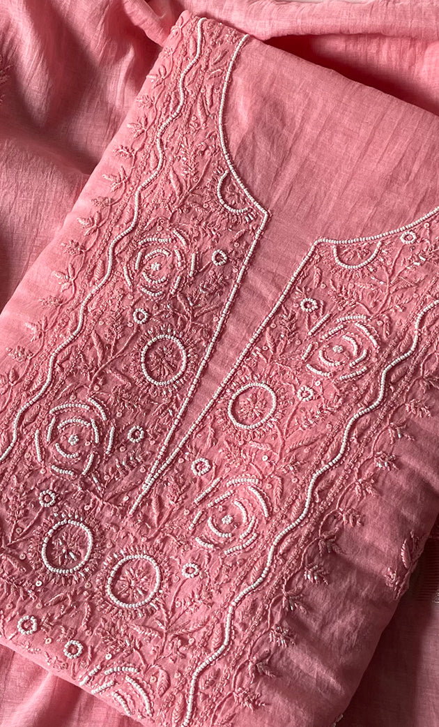 Women's Lakhnavi Handcrafted Mul Chanderi Unstitched Chikankari Full Suit Material - HONC0314658