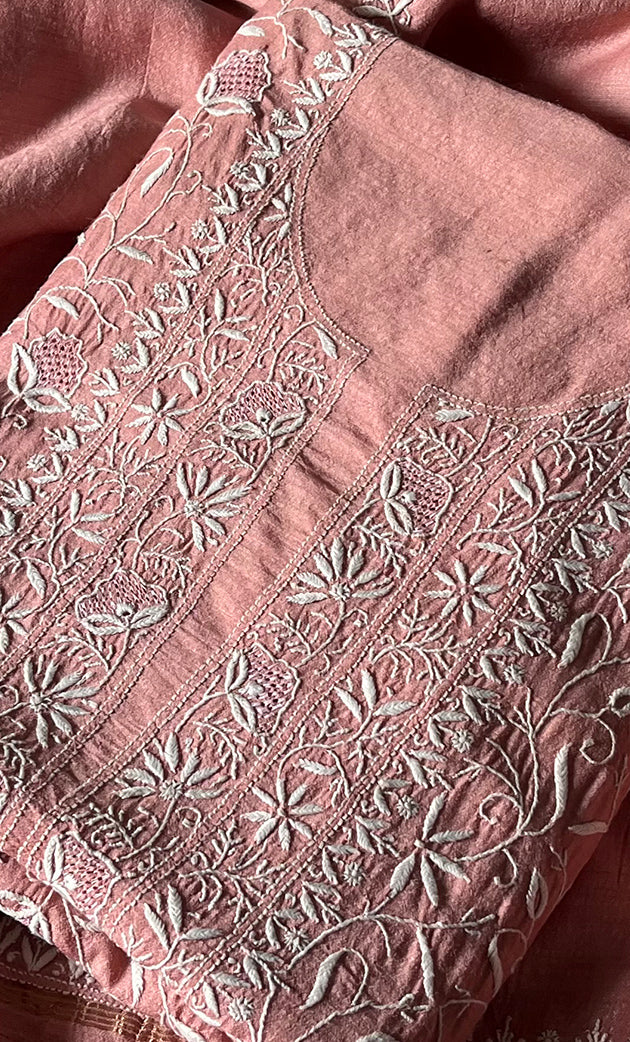 Women's Lakhnavi Handcrafted Munga Silk Chikankari Kurta And Dupatta Set- HONC0264873