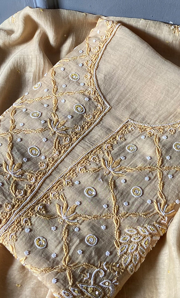 Women's Lakhnavi Handcrafted Mul Chanderi Unstitched Kurta And Dupatta Set- HONC0312989