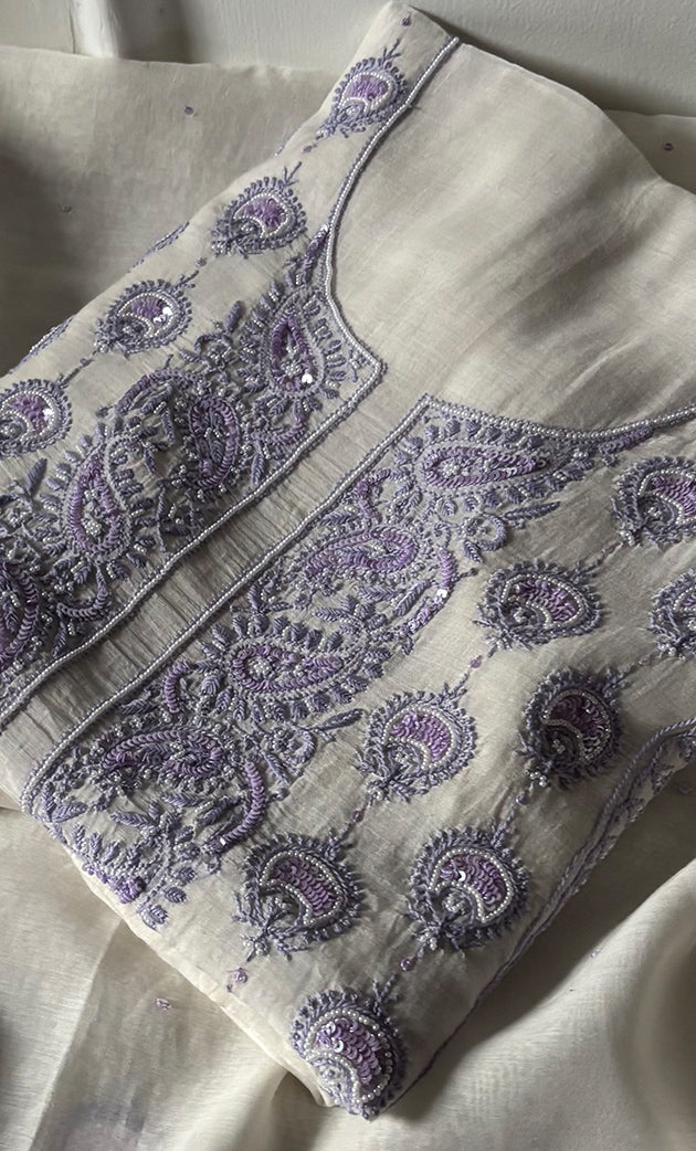 Women's Lakhnavi Handcrafted Unstitched Mul Chanderi Kurta And Dupatta Set - HONC0324072