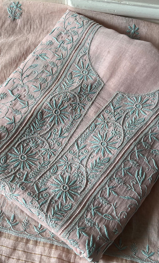 Women's Lakhnavi Handcrafted Mul Chanderi Unstitched Kurta And Dupatta Set - HONC0278918