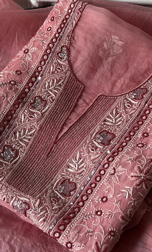 Women's Lakhnavi Handcrafted Pure Organza Chikankari Unstitched Kurta And Dupatta Set- HONC0319970