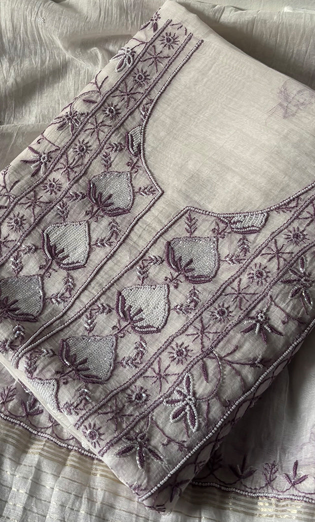 Women's Lakhnavi Handcrafted Unstitched Mul Chanderi Kurta And Dupatta Set - HONC0327489