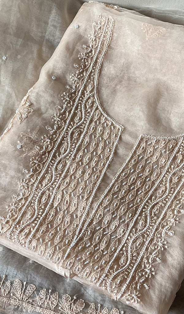 Women's Lakhnavi Handcrafted Organza Chikankari Unstitched Full Suit Material - HONC0271219