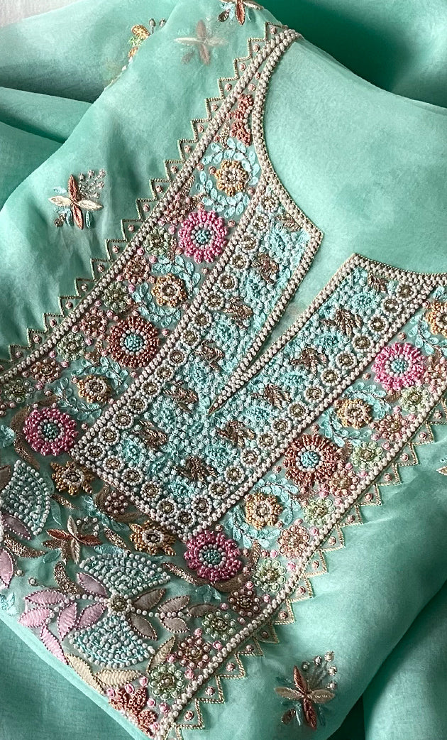 Women's Lakhnavi Handcrafted Pure Organza Chikankari Unstitched Kurta And Dupatta Set- HONC0326296