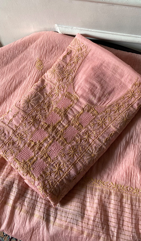 Women's Lakhnavi Handcrafted Chanderi Silk Unstitched Chikankari Full Suit - HONC0342149