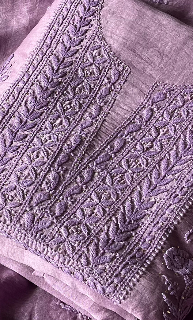Women's Lucknowi Handcrafted Chanderi Silk Chikankari Full Suit Material - HONC0290031