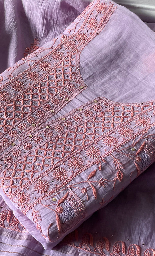 Women's Lakhnavi Handcrafted Mul Chanderi Unstitched Kurta And Dupatta Set - HONC0273558