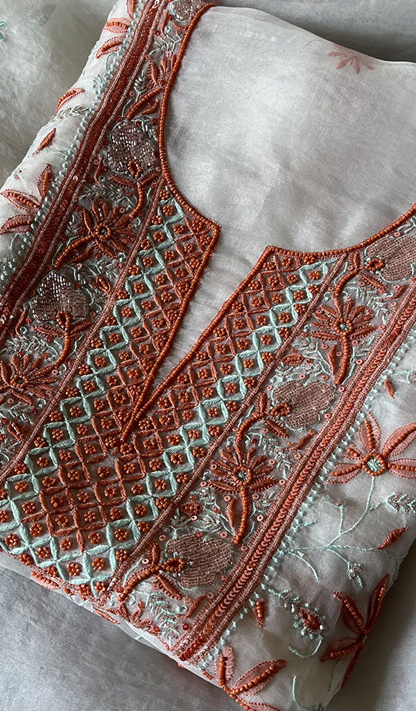 Women's Lakhnavi Handcrafted Pure Organza Chikankari Unstitched Kurta And Dupatta Set- HONC0270067