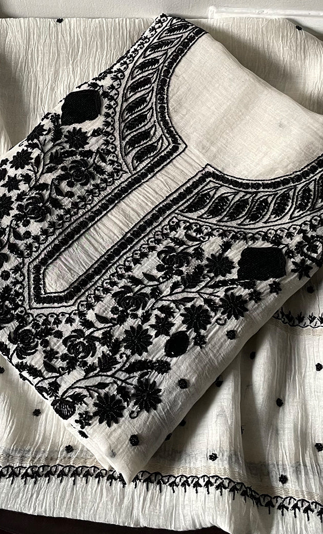 Women's Lakhnavi Handcrafted Mul Chanderi UnStitched Kurta And Dupatta Set - HONC0312355