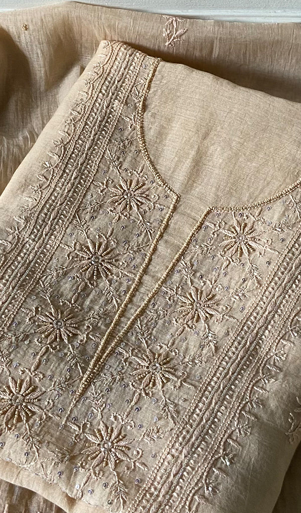 Women's Lakhnavi Handcrafted Mul Chanderi Unstitched Chikankari Full Suit Material - HONC0345053