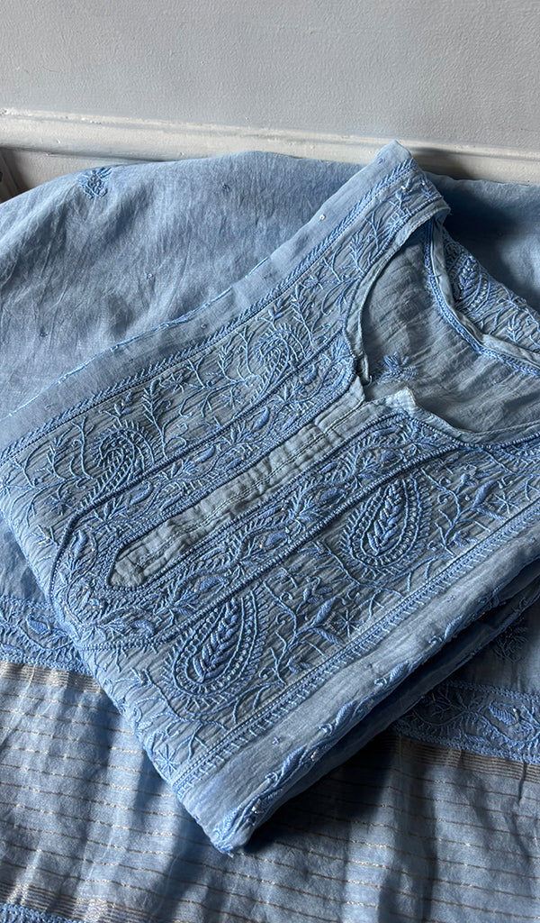 Women's Lakhnavi Handcrafted Mul Chanderi Semi - Stitched Chikankari Full Suit Material - HONC0359801