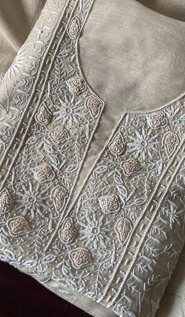 Women's Lakhnavi Handcrafted Munga Silk Chikankari Kurta And Dupatta Set- HONC0273584