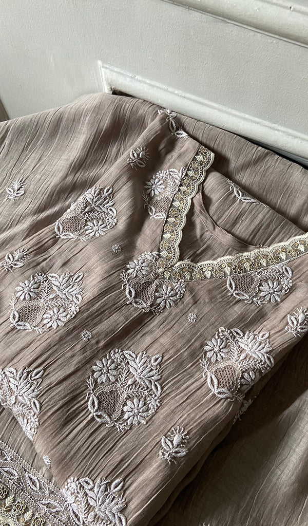 Women's Lakhnavi Handcrafted Mul Chanderi Semi - Stitched Kurta And Dupatta Set - HONC0374243
