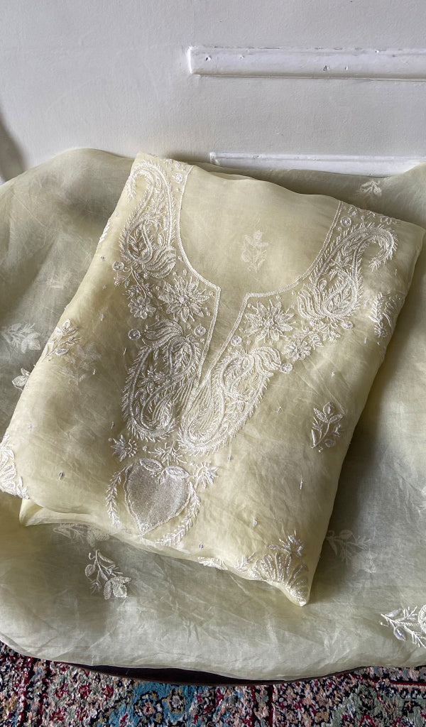 Women's Lakhnavi Handcrafted Pure Organza Chikankari Unstitched Full Suit Material - HONC0361467