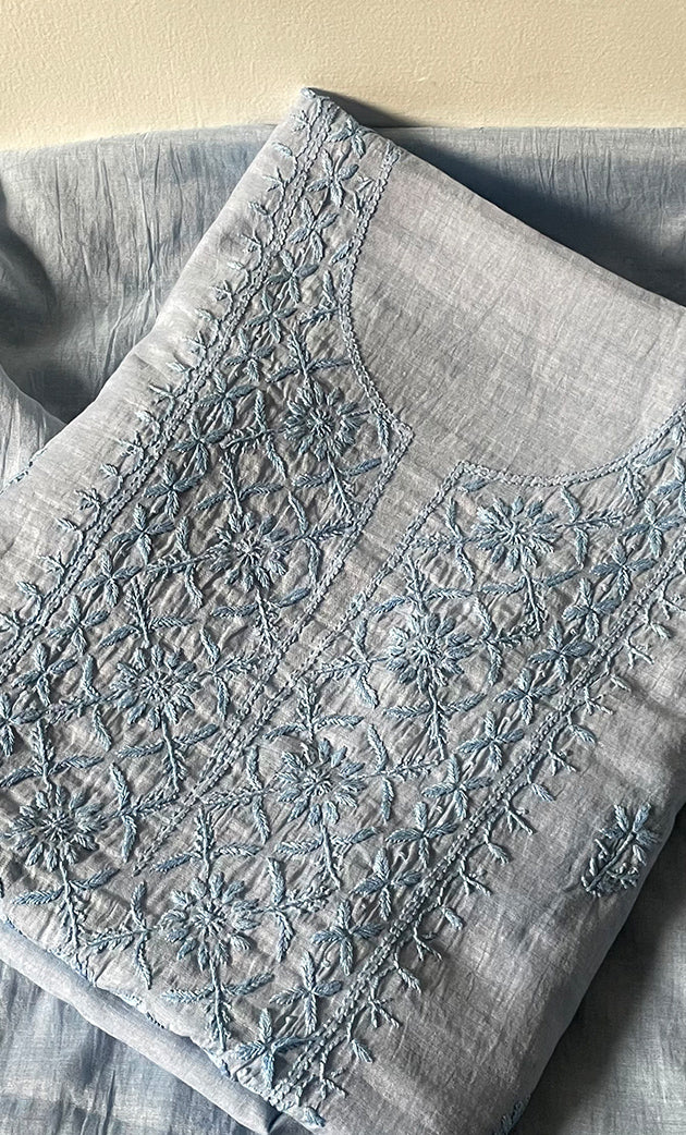 Women's Lakhnavi Handcrafted Mul Chanderi Unstitched Chikankari Full Suit Material - HONC0319533