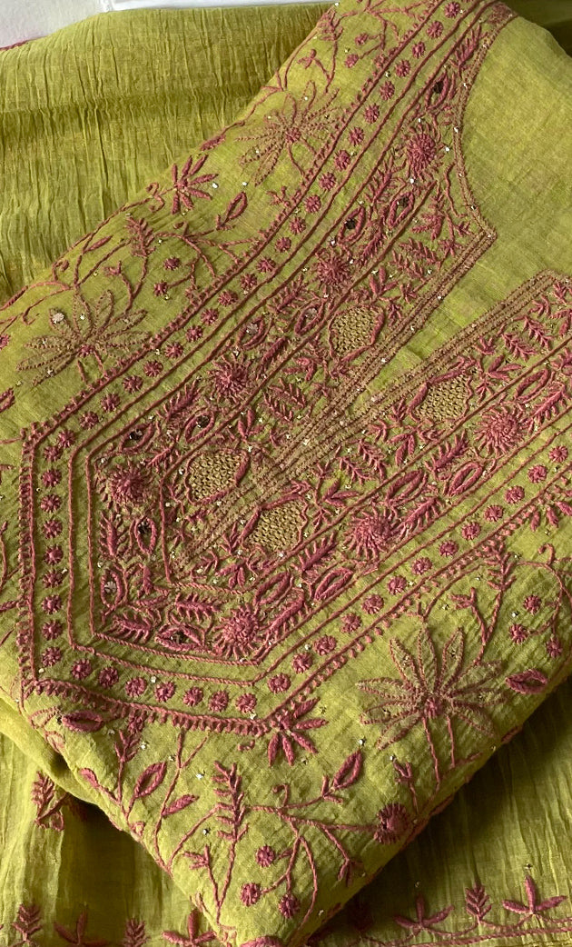 Women's Lakhnavi Handcrafted Chanderi Silk Unstitched Chikankari Kurta And Dupatta Set - HONC0294446
