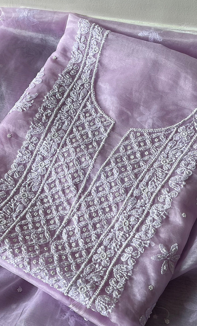 Women's Lakhnavi Handcrafted Organza Chikankari Unstitched Full Suit Material - HONC0284609