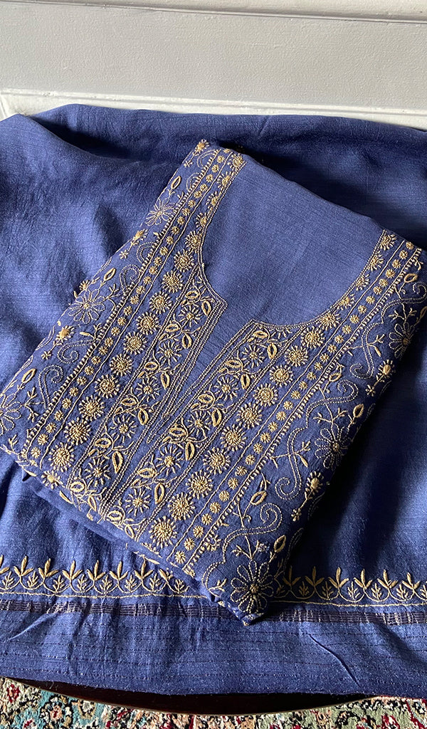 Women's Lakhnavi Handcrafted Unstitched Munga Silk Chikankari Kurta And Dupatta Set- HONC0357039