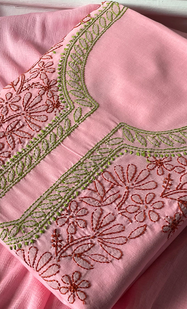 Women's Lakhnavi Handcrafted Unstitched Cotton Chikankari Suit Material - HONC0316590