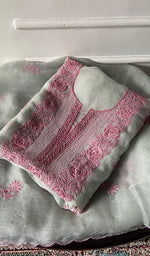 Load image into Gallery viewer, Rose Women's Lakhnavi Handcrafted Pure Organza Chikankari Unstitched Kurta And Dupatta Set- HONC0368733