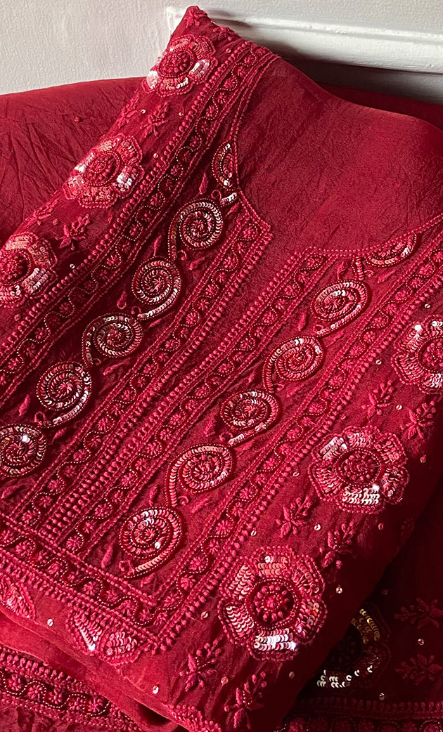 Gulalai Women's Lakhnavi Handcrafted Pure Organza Chikankari Unstitched Kurta And Dupatta Set- HONC0328888