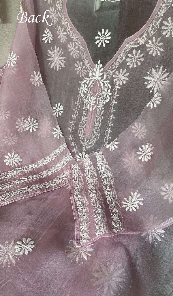 Women's Lakhnavi Handcrafted Pure Organza Chikankari Semi - Stitched Kurta And Dupatta Set- HONC0348613